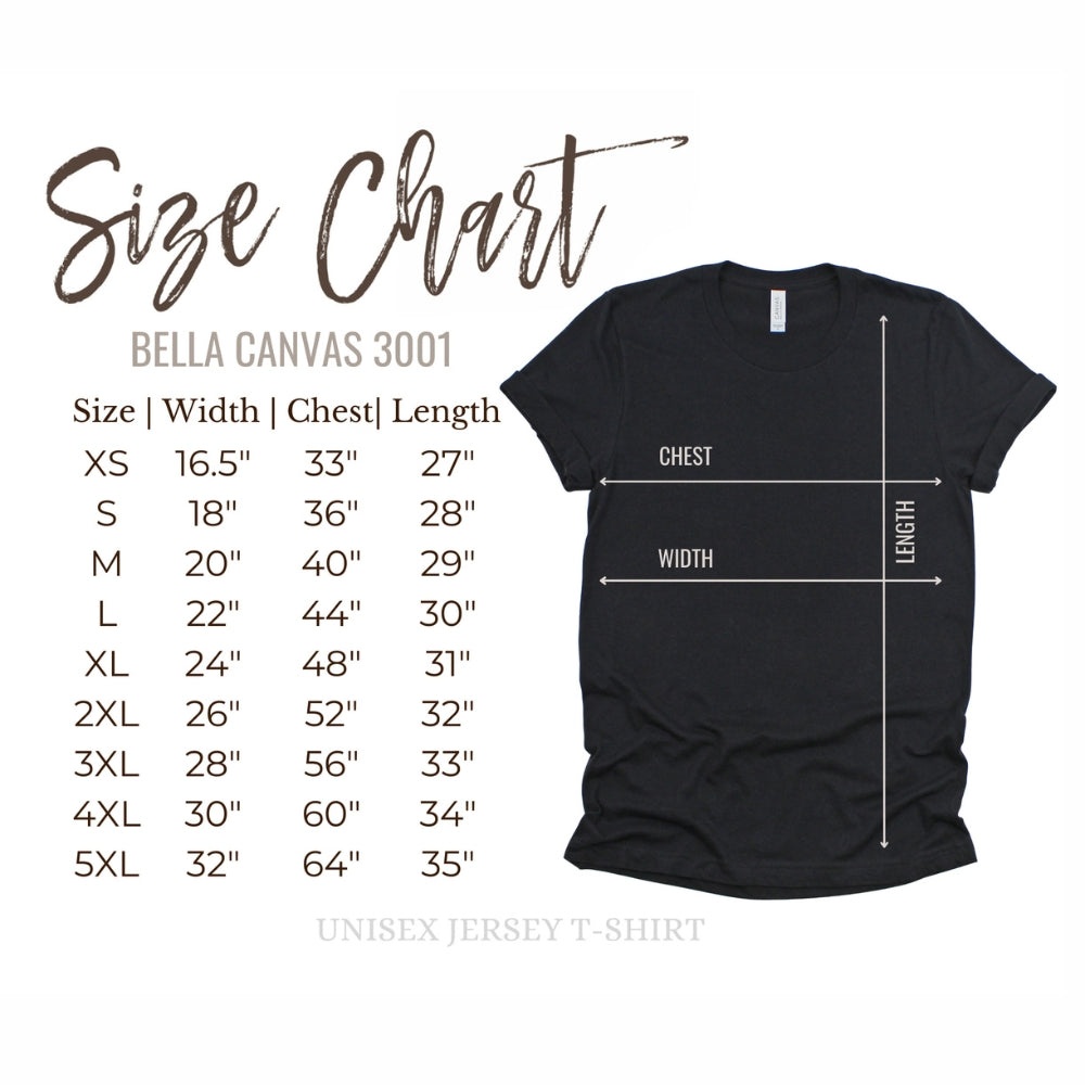 Dachshund t-shirt sizing chart showing size options and measurements to help choose the best fit for the “Never too long to GO THE DISTANCE!” tee