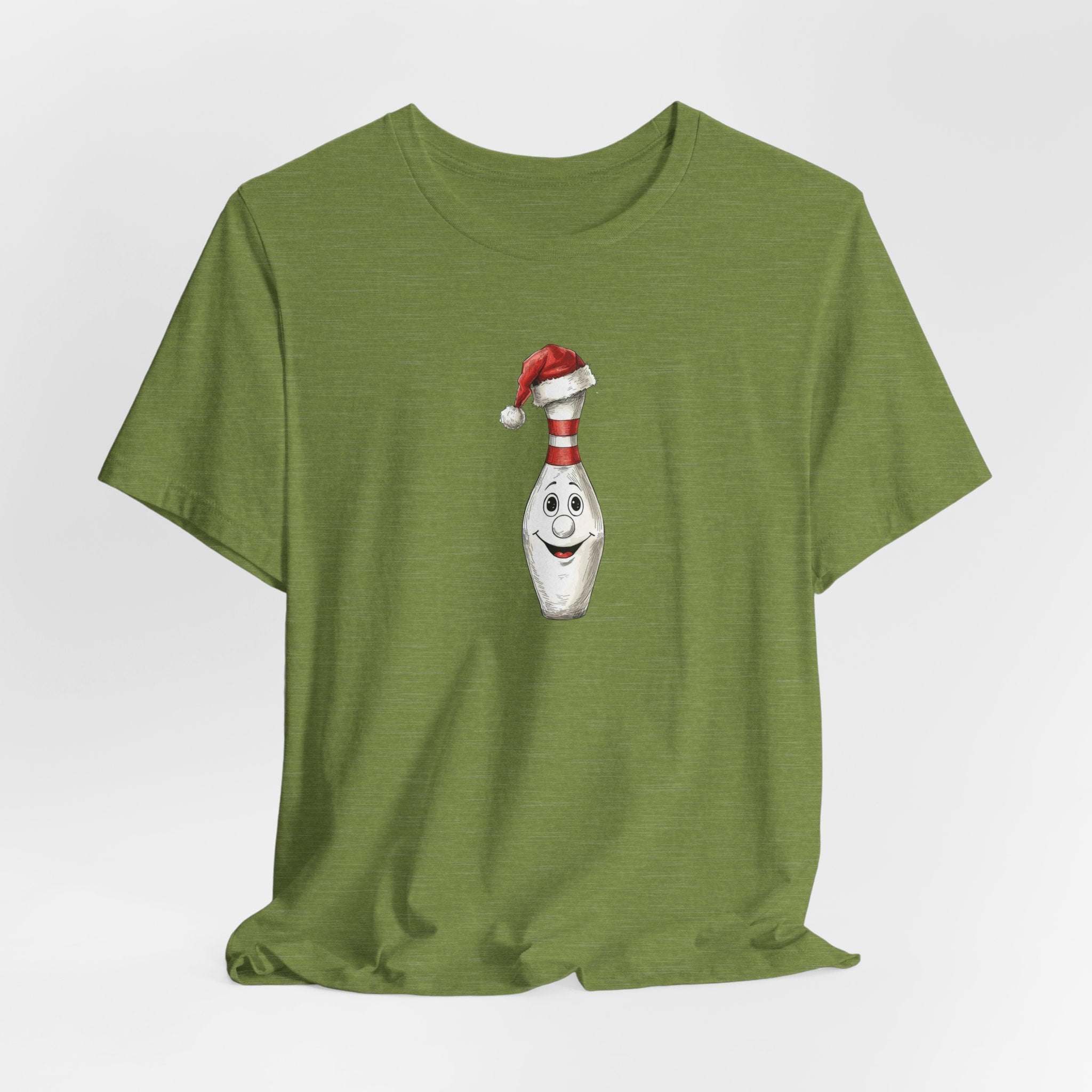 Bowling Christmas T-Shirt, Smiling Bowling Pin Santa Hat Bella Tee