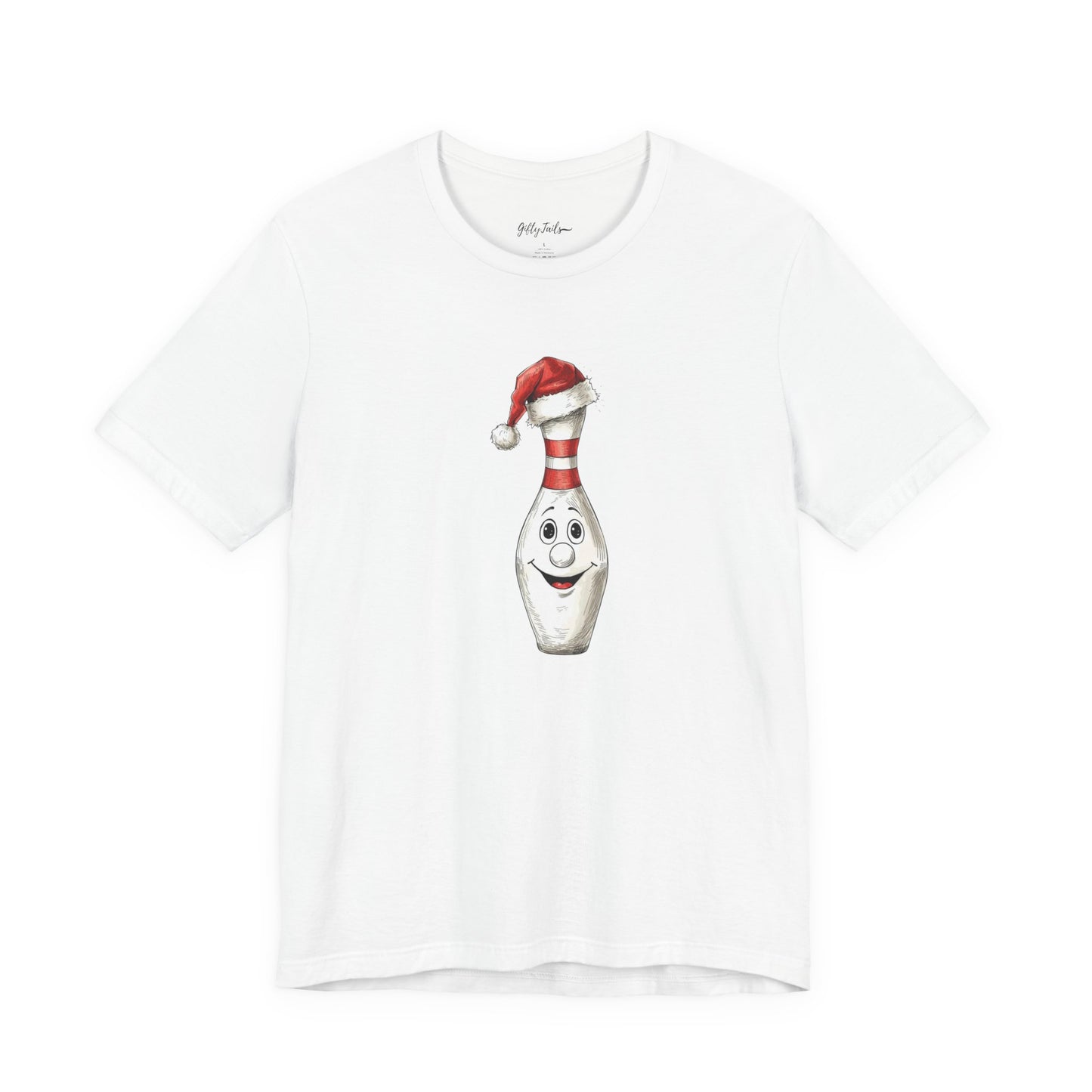 Bowling Christmas T-Shirt, Smiling Bowling Pin Santa Hat Bella Tee