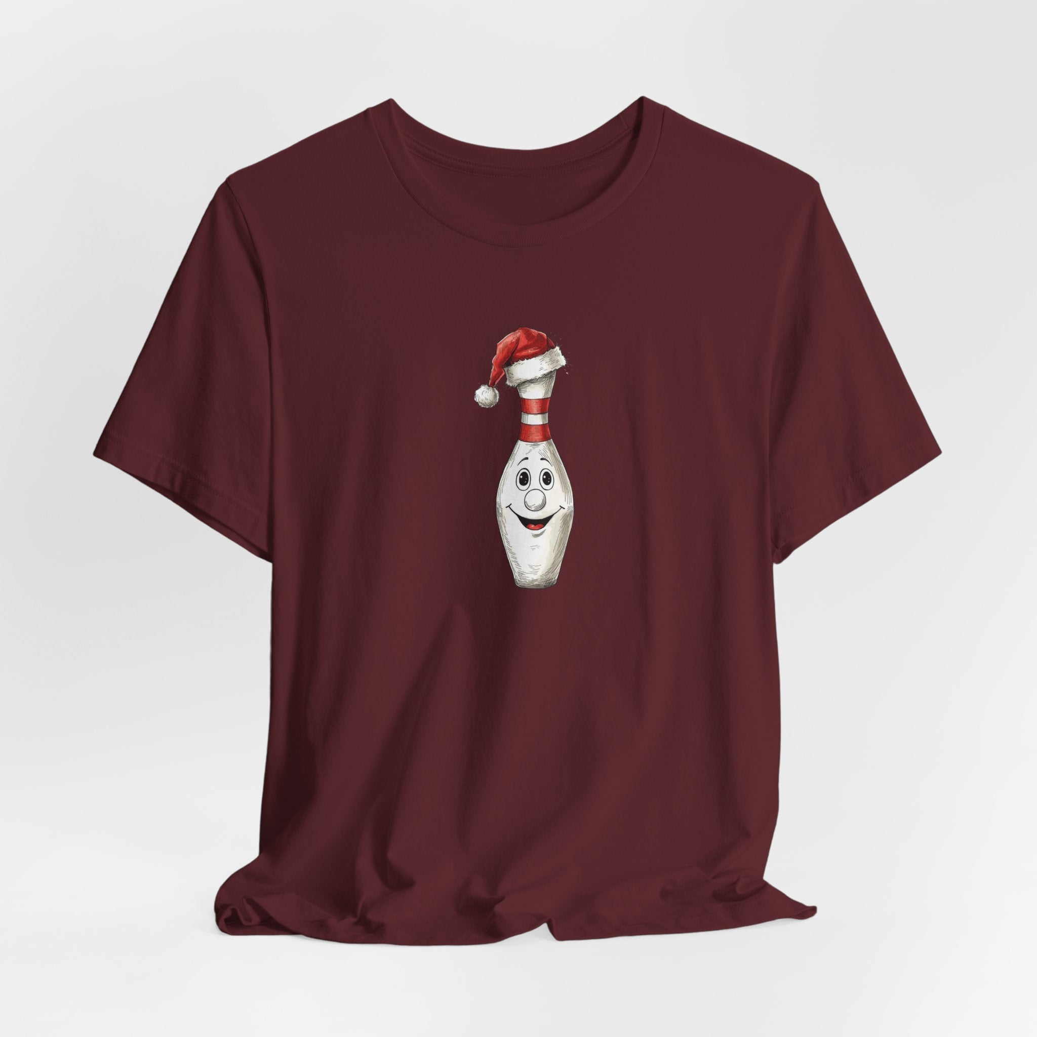 Bowling Christmas T-Shirt, Smiling Bowling Pin Santa Hat Bella Tee