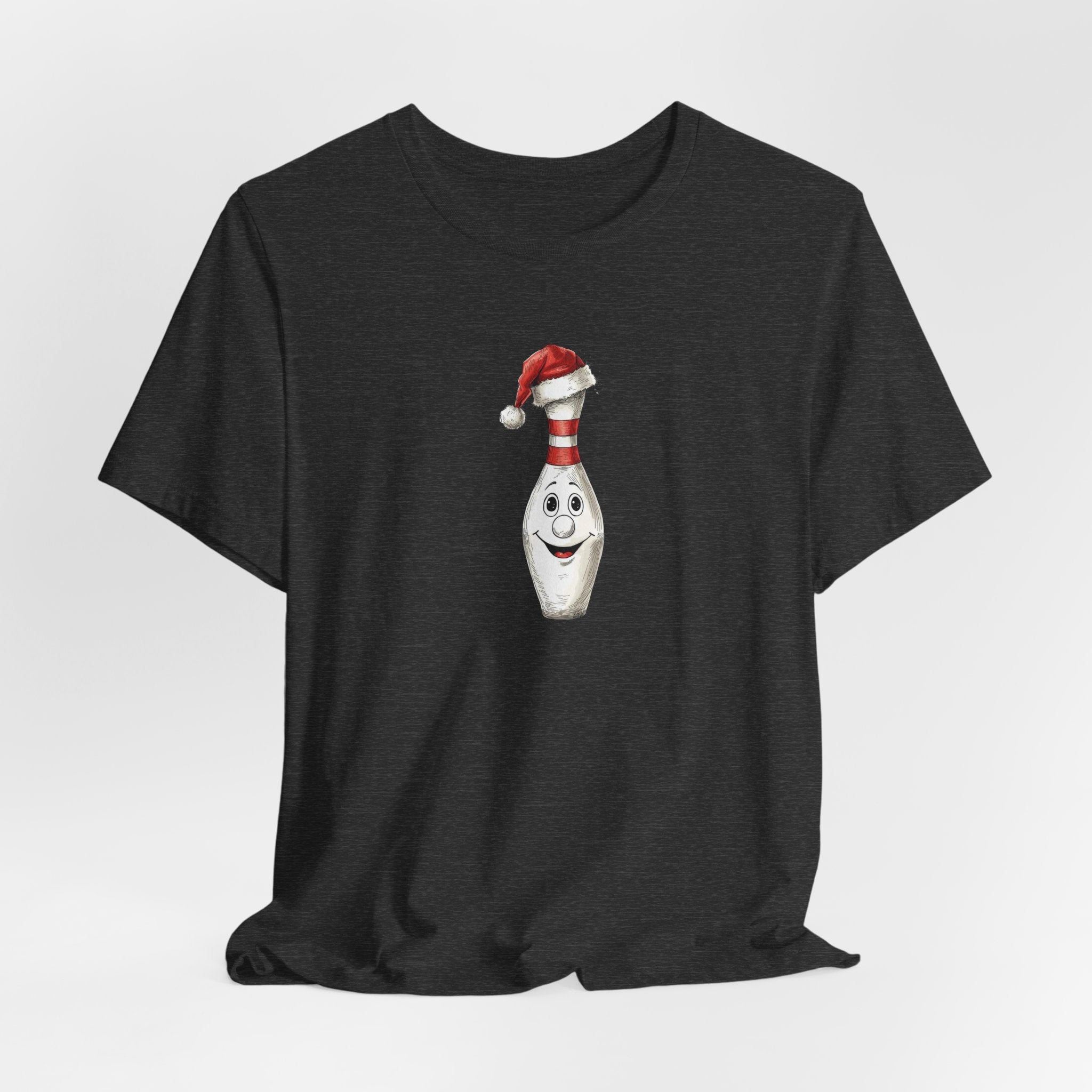 Black t-shirt with a cartoon character wearing a Santa hat on a white background