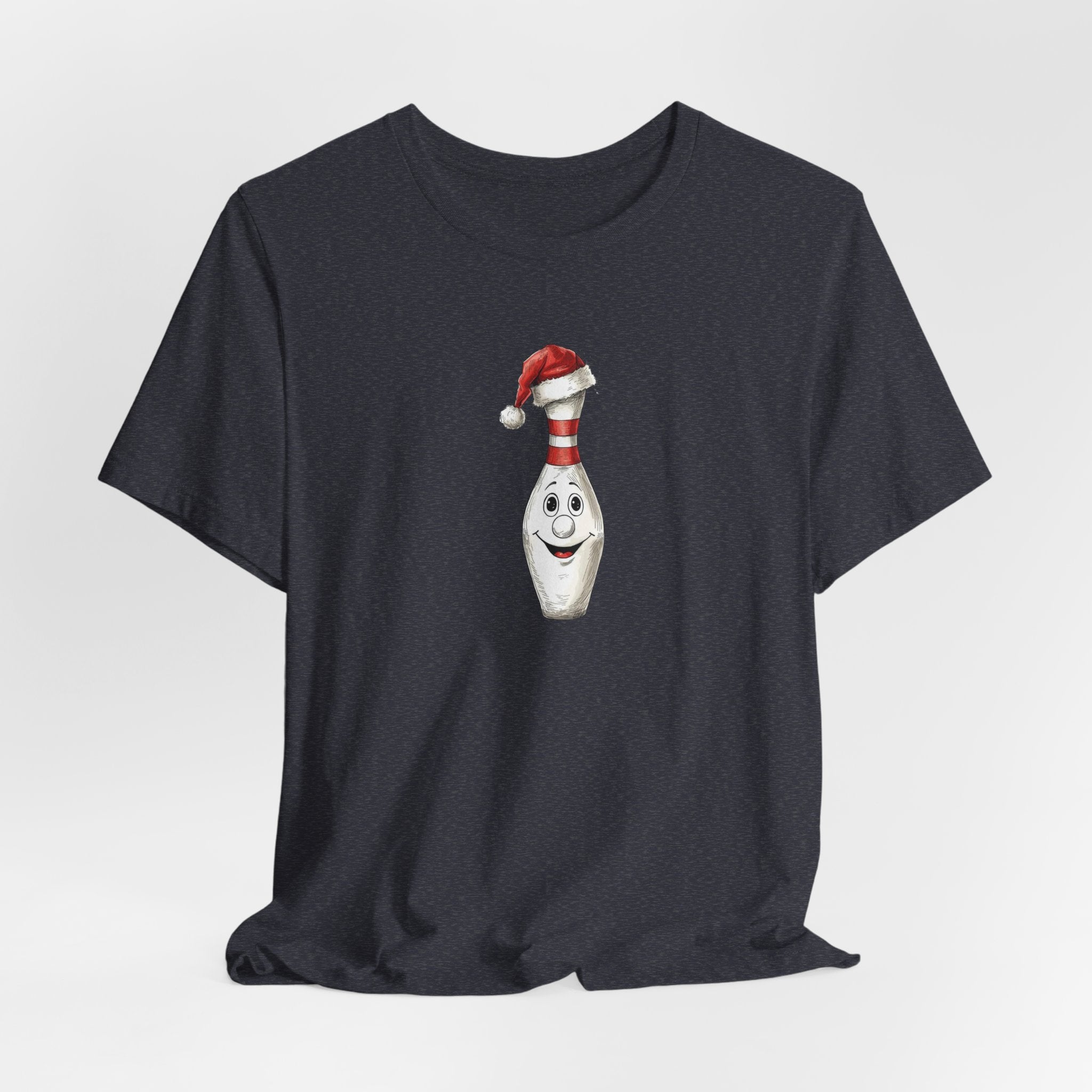 Black t-shirt with a cartoon character wearing a Santa hat on a white background