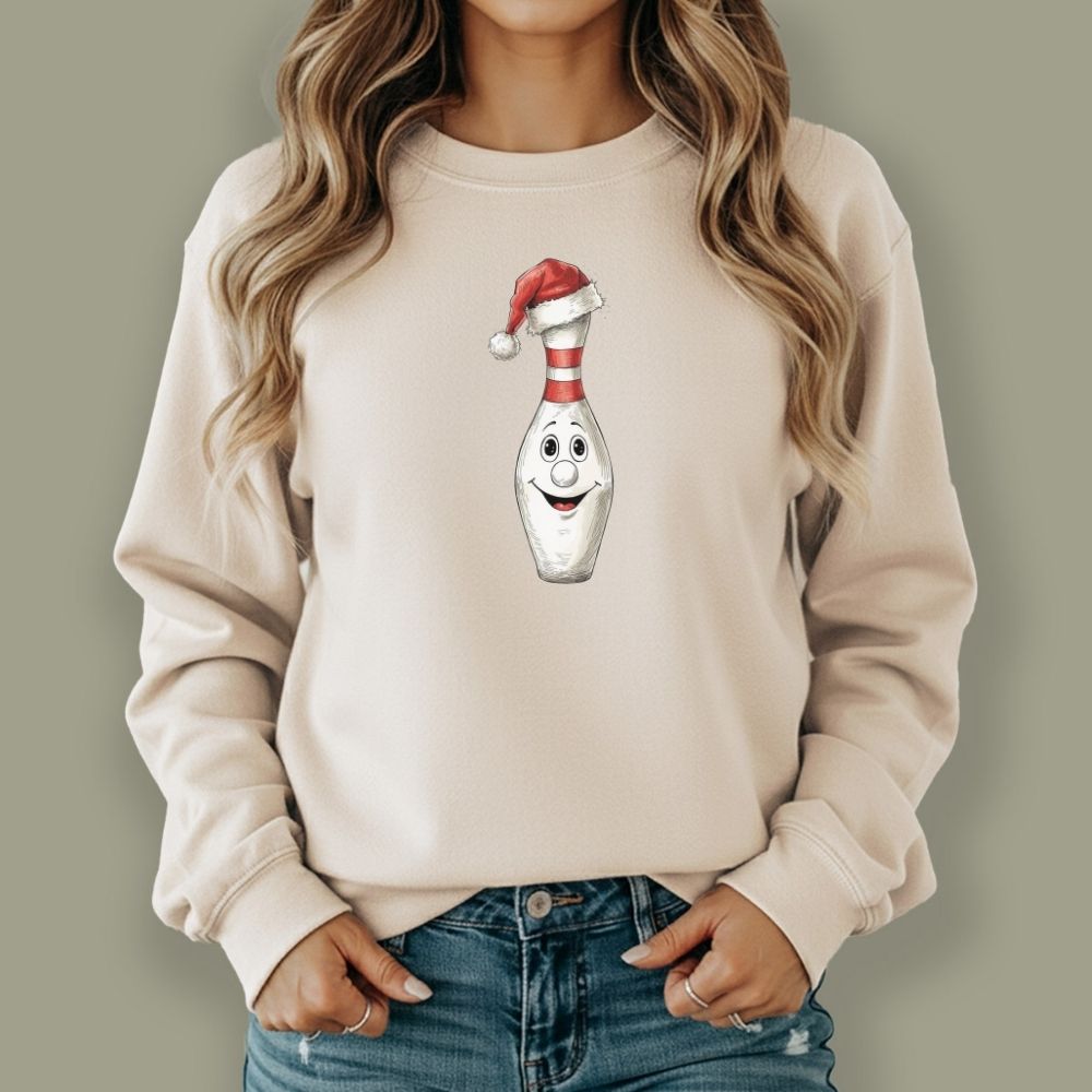 Christmas Bowling Sweatshirt, Funny Bowling Pin Santa Hat Holiday Crewneck