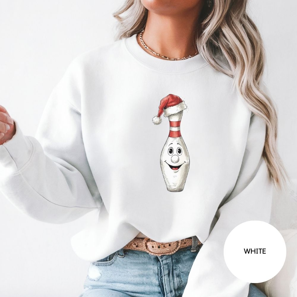 Christmas Bowling Sweatshirt, Funny Bowling Pin Santa Hat Holiday Crewneck