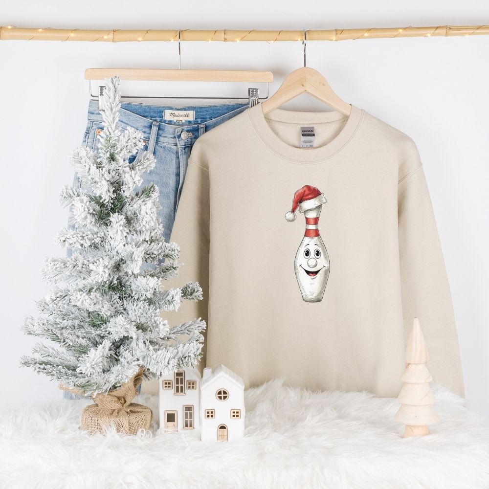 Christmas Bowling Sweatshirt, Funny Bowling Pin Santa Hat Holiday Crewneck