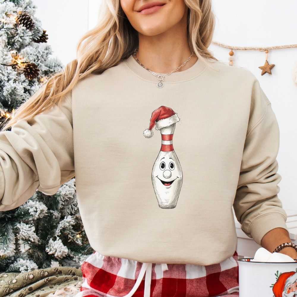Christmas Bowling Sweatshirt, Funny Bowling Pin Santa Hat Holiday Crewneck