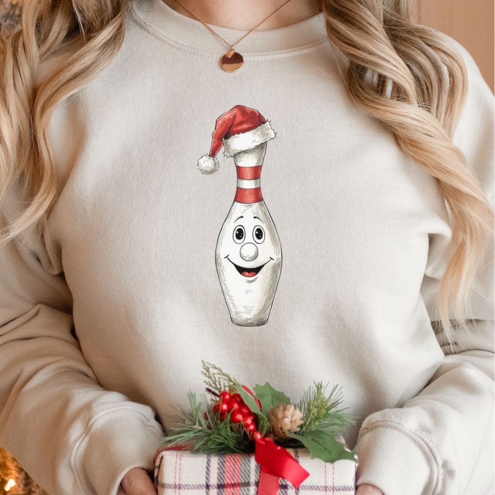 Christmas Bowling Sweatshirt, Funny Bowling Pin Santa Hat Holiday Crewneck