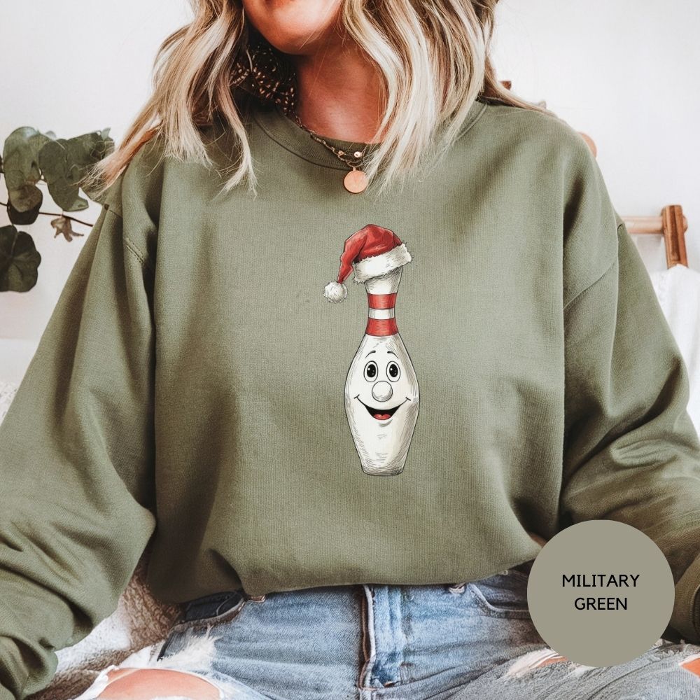 Christmas Bowling Sweatshirt, Funny Bowling Pin Santa Hat Holiday Crewneck