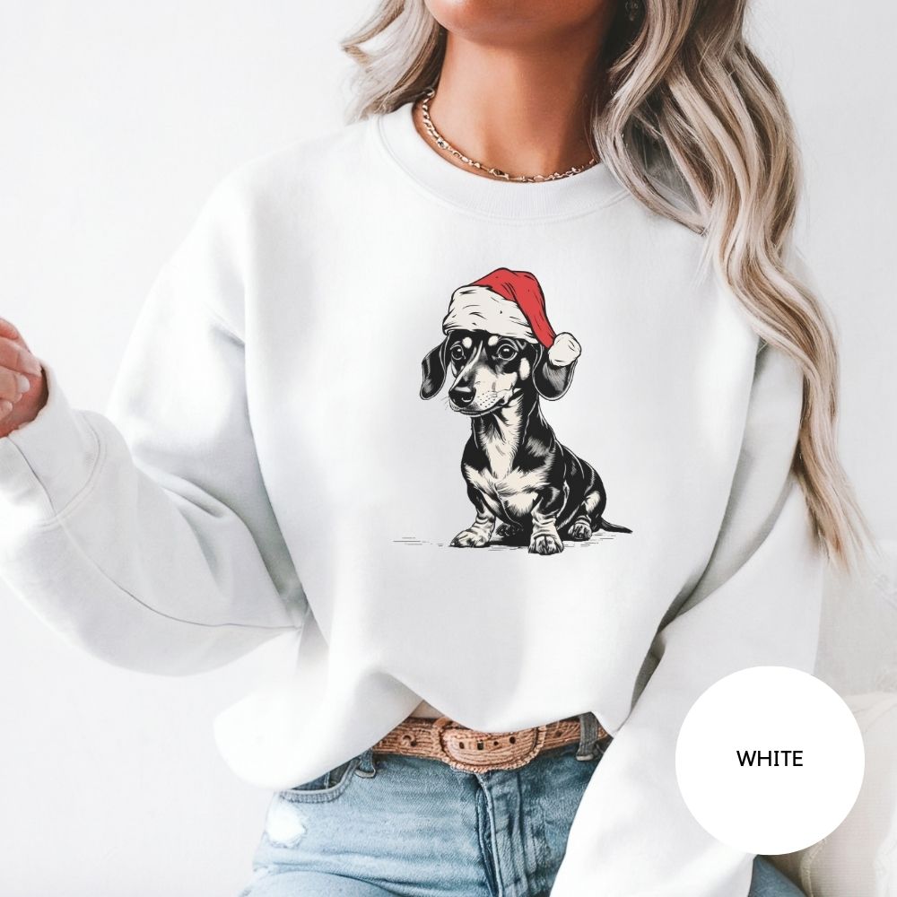 Dachshund Christmas Sweatshirt, Doxie in Santa Hat Holiday Crewneck