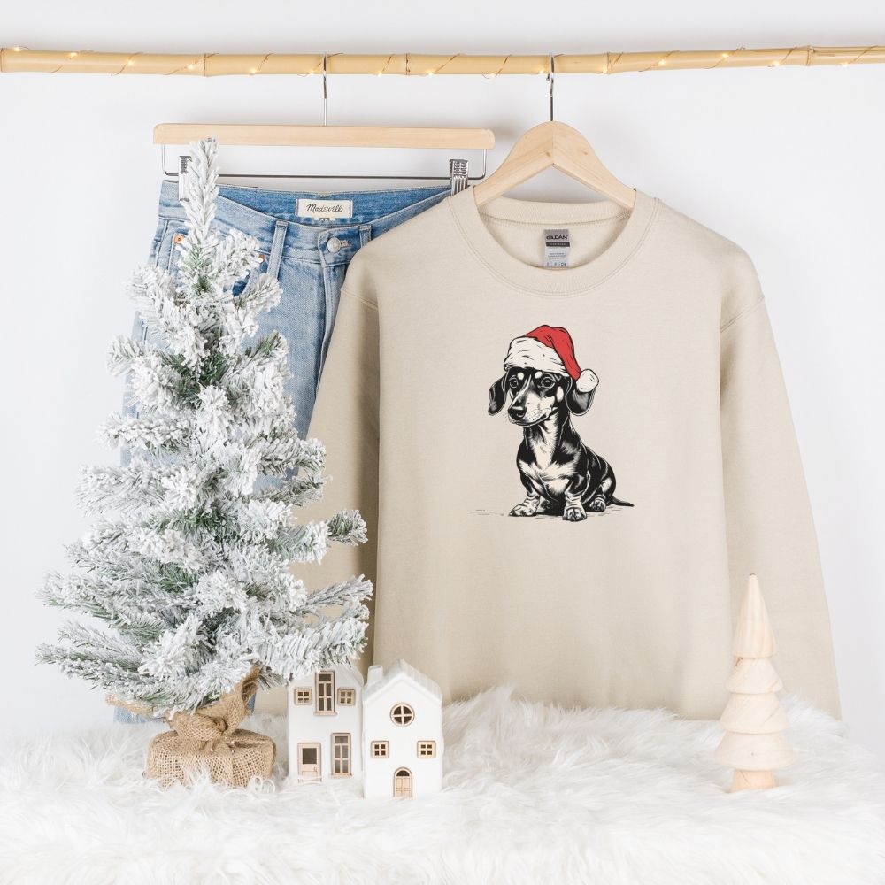 Dachshund Christmas Sweatshirt, Doxie in Santa Hat Holiday Crewneck