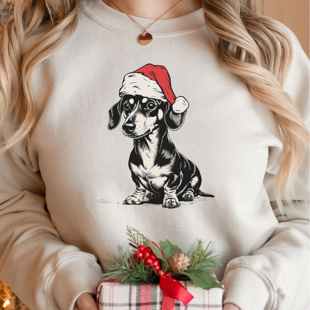 Dachshund Christmas Sweatshirt, Doxie in Santa Hat Holiday Crewneck