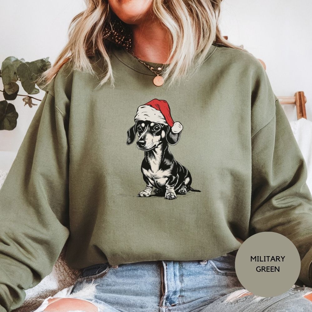 Dachshund Christmas Sweatshirt, Doxie in Santa Hat Holiday Crewneck