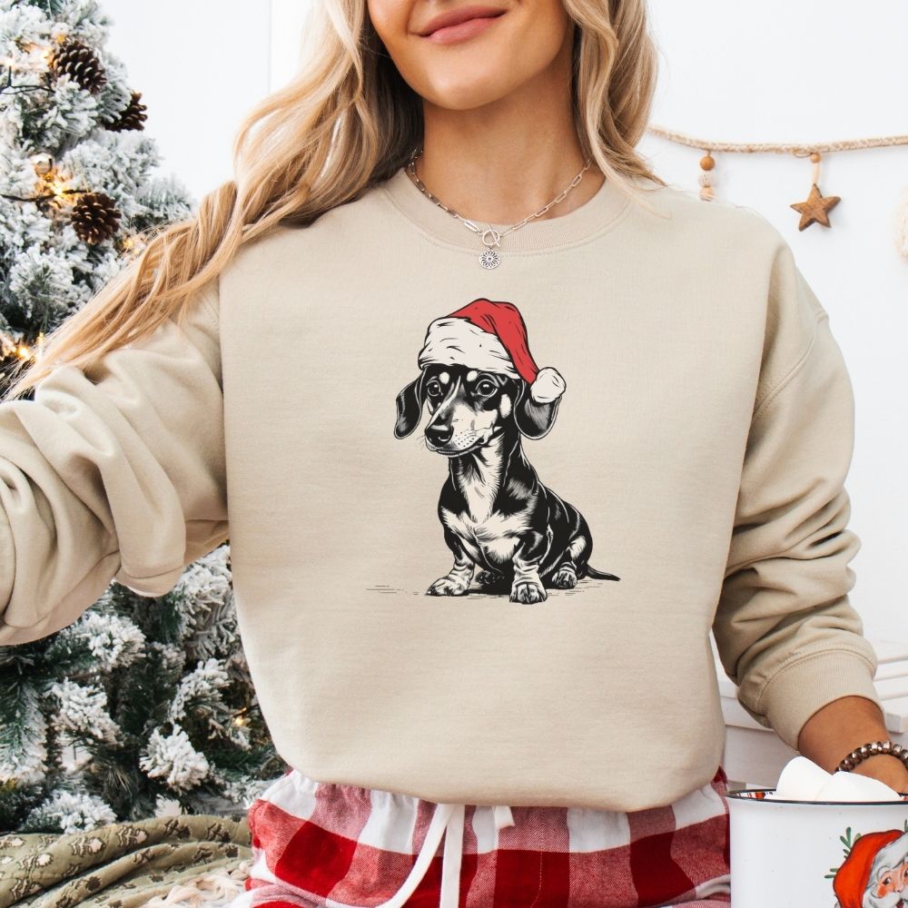 Dachshund Christmas Sweatshirt, Doxie in Santa Hat Holiday Crewneck