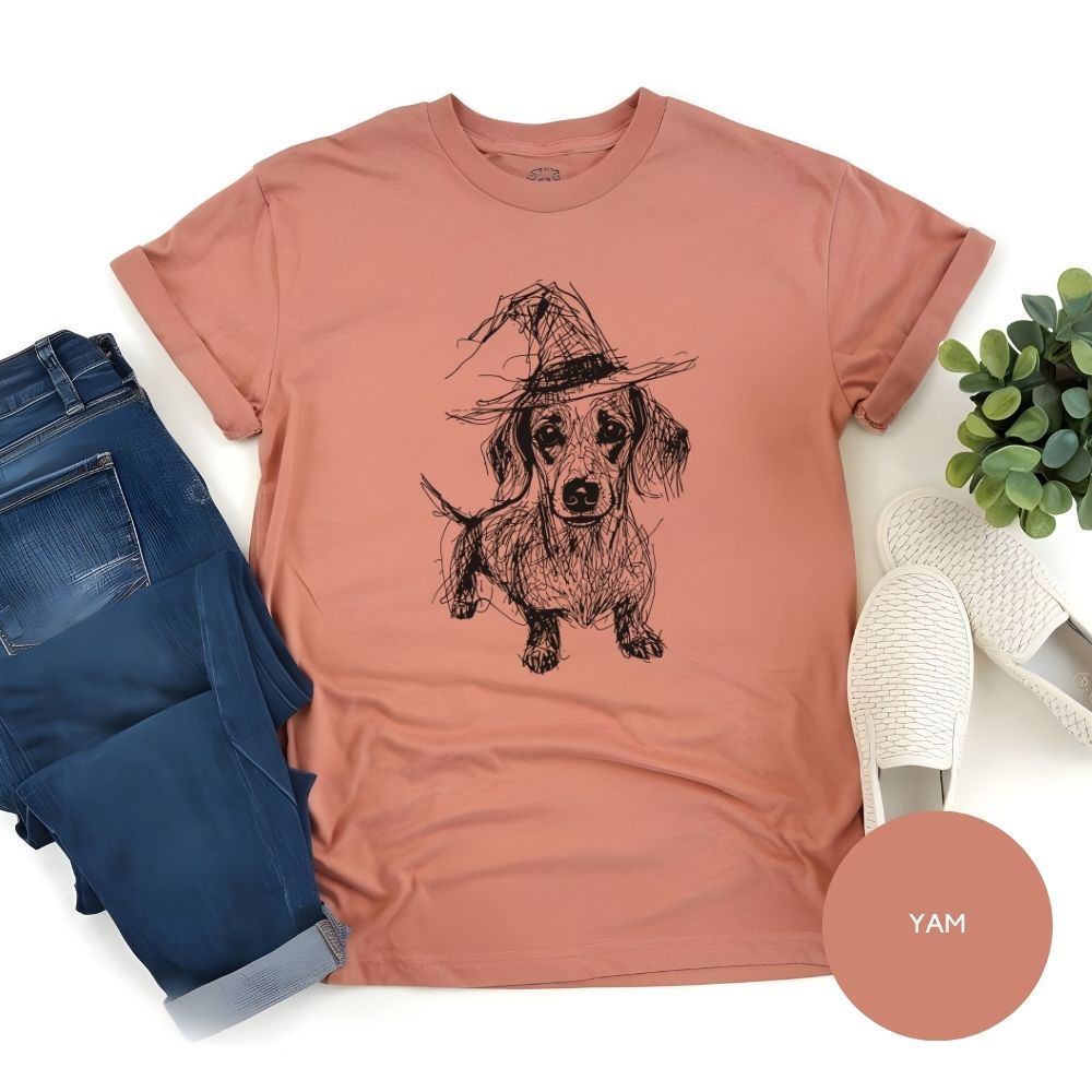 Dachshund Halloween Shirt, Sketch Doxie Witch Comfort Colors T-Shirt