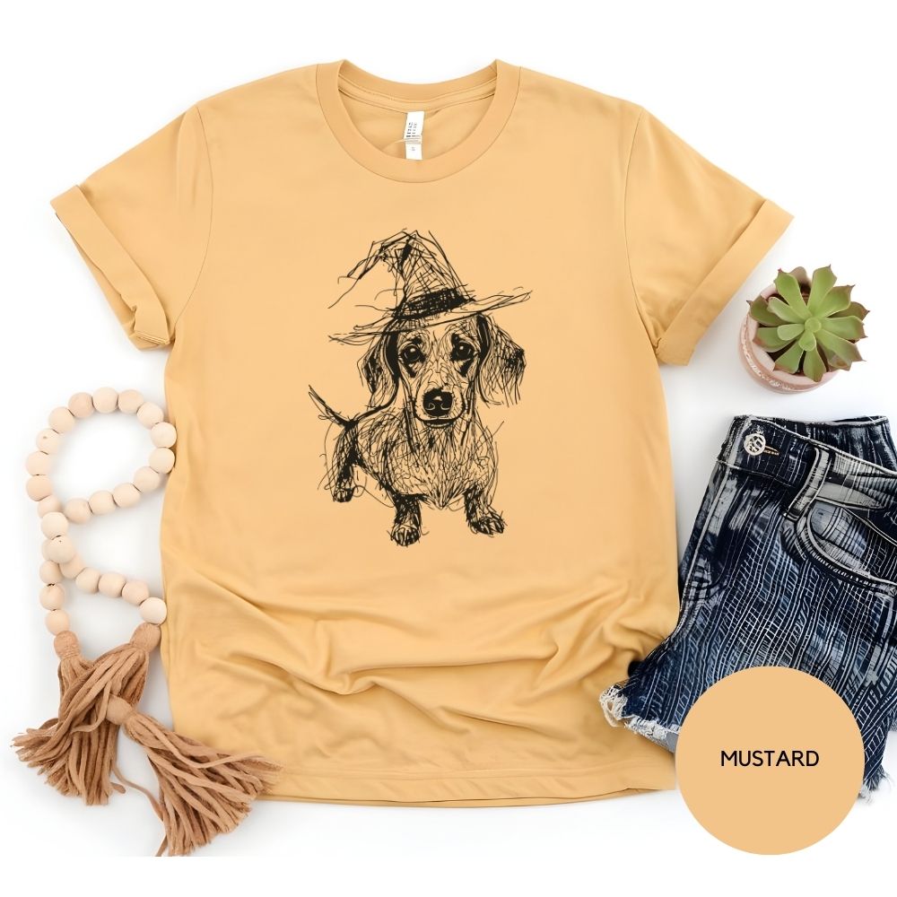 Dachshund Halloween Shirt, Sketch Doxie Witch Comfort Colors T-Shirt