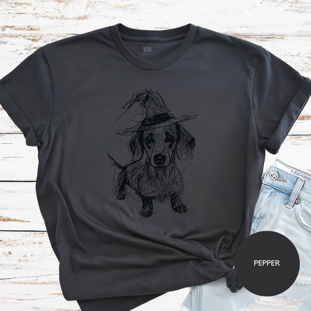 Dachshund Halloween Shirt, Sketch Doxie Witch Comfort Colors T-Shirt
