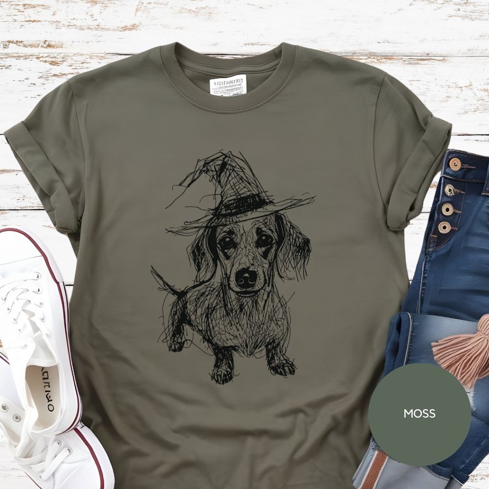 Dachshund Halloween Shirt, Sketch Doxie Witch Comfort Colors T-Shirt