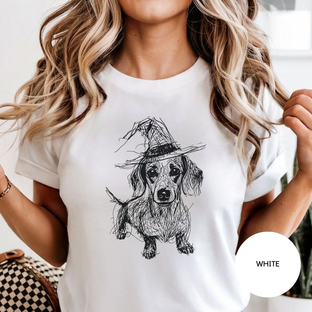Dachshund Halloween Shirt, Sketch Doxie Witch Comfort Colors T-Shirt