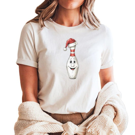 Bowling Christmas T-Shirt, Smiling Bowling Pin Santa Hat Bella Tee
