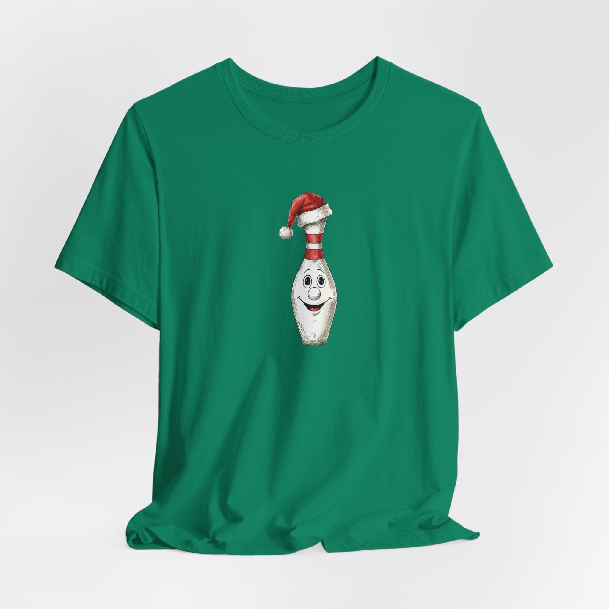 Bowling Christmas T-Shirt, Smiling Bowling Pin Santa Hat Bella Tee