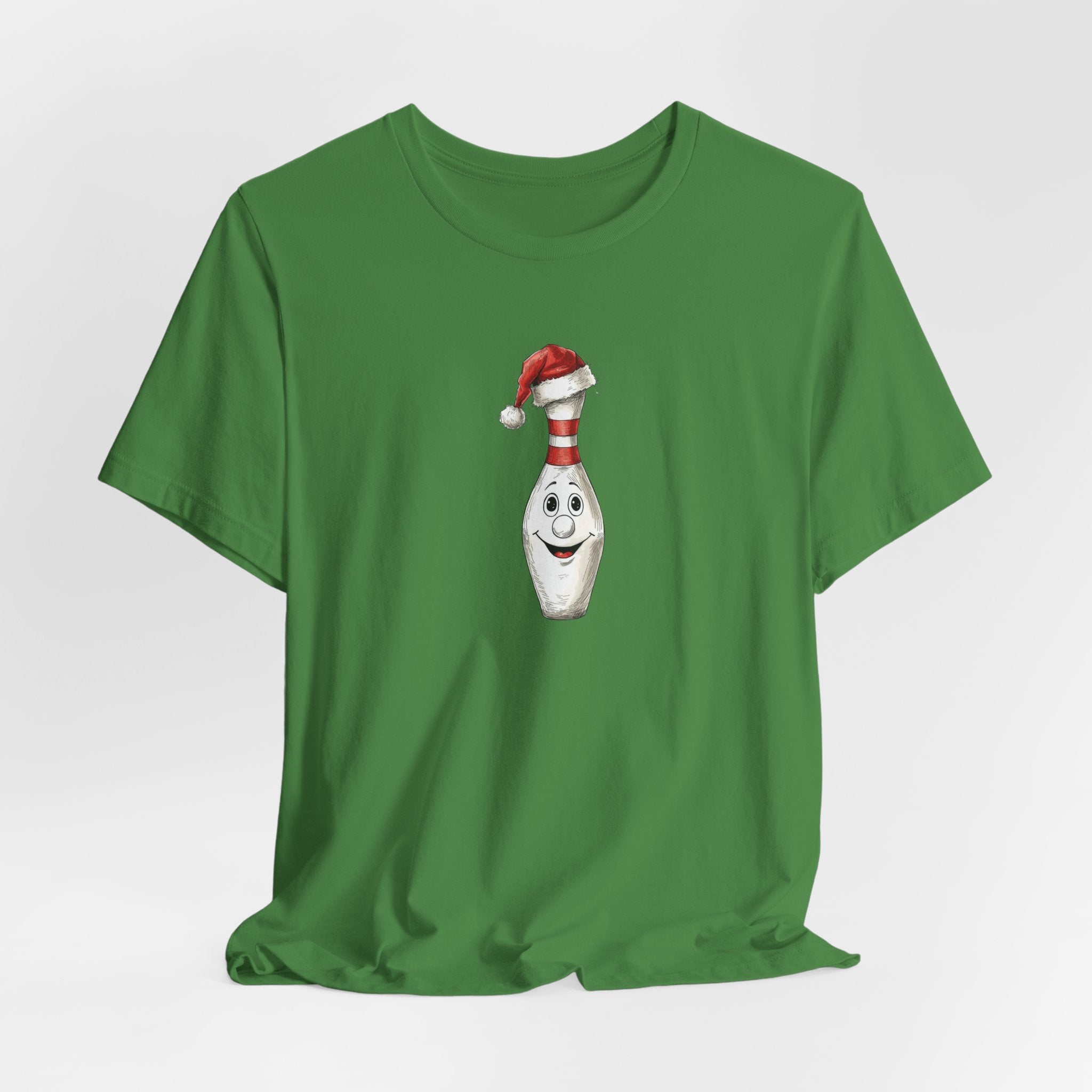 Bowling Christmas T-Shirt, Smiling Bowling Pin Santa Hat Bella Tee