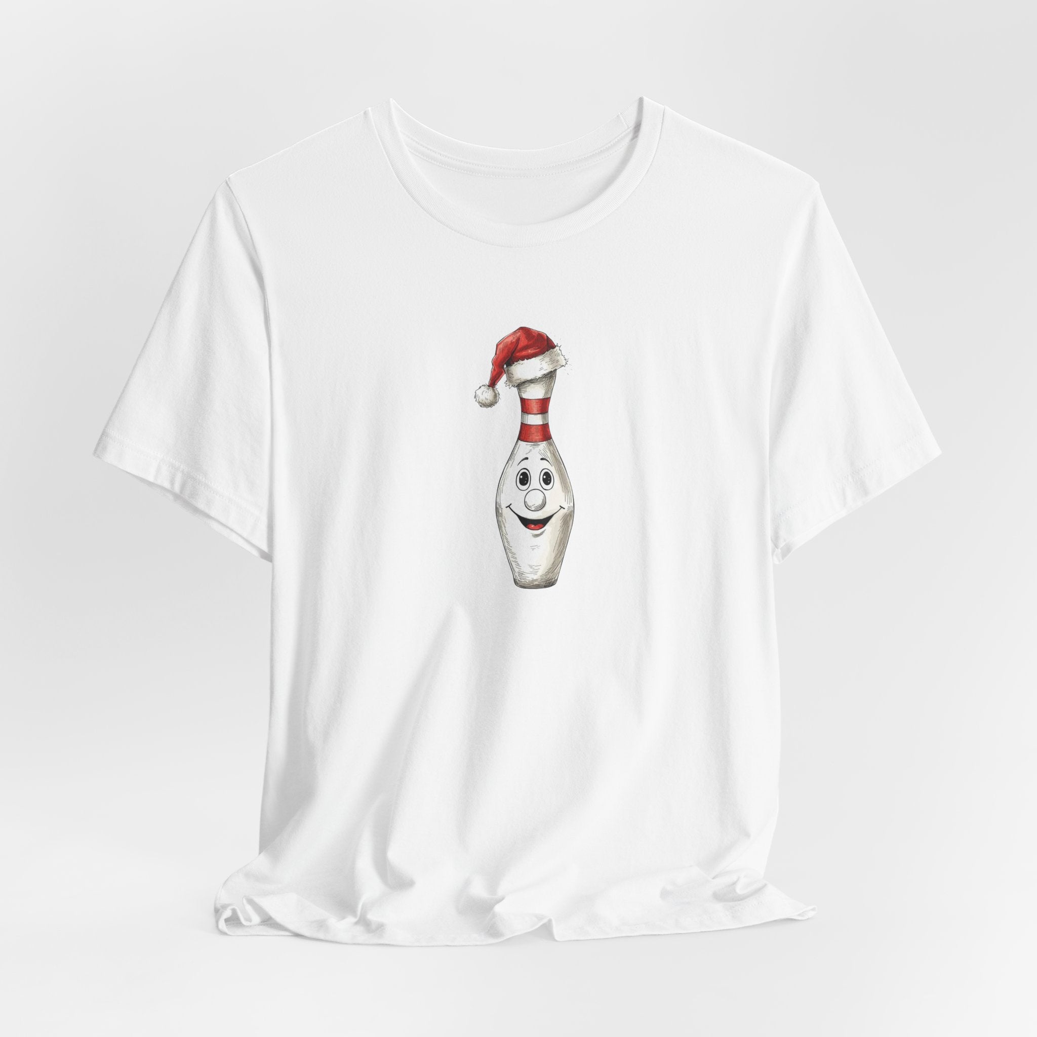 White t-shirt with a cartoon bowling pin wearing a Santa hat on a white background