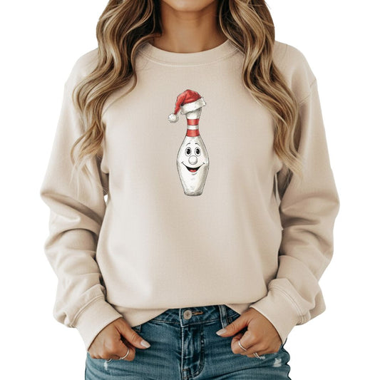 Christmas Bowling Sweatshirt, Funny Bowling Pin Santa Hat Holiday Crewneck