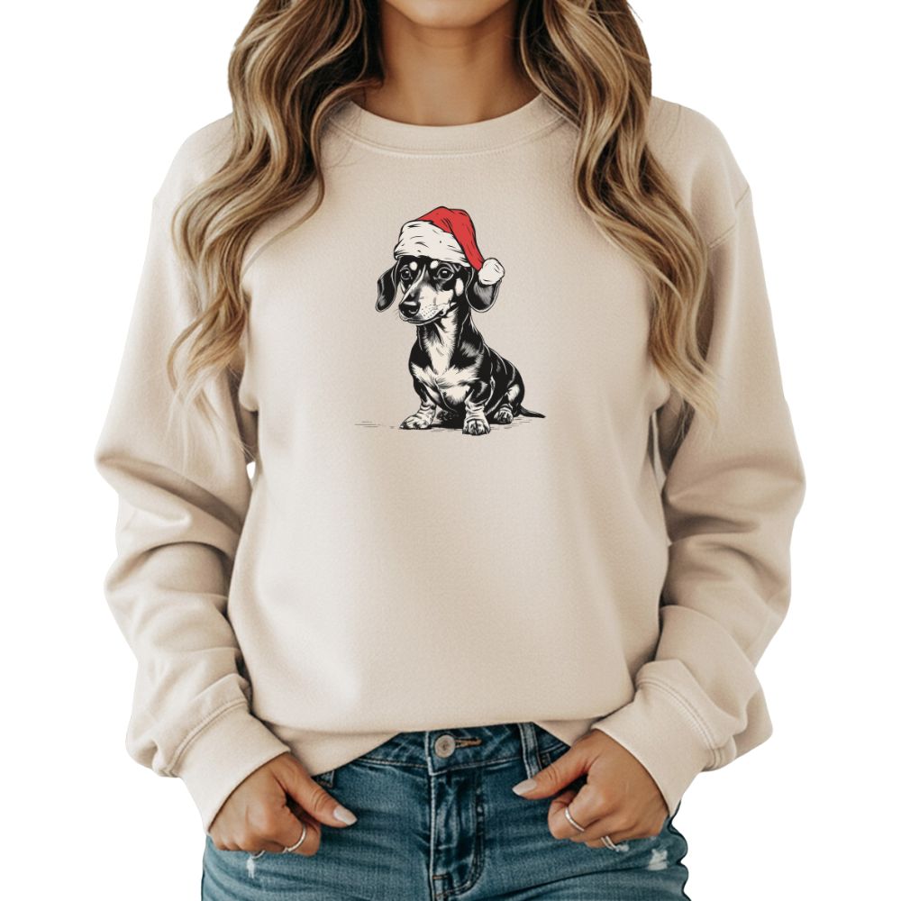 Dachshund Christmas Sweatshirt, Doxie in Santa Hat Holiday Crewneck