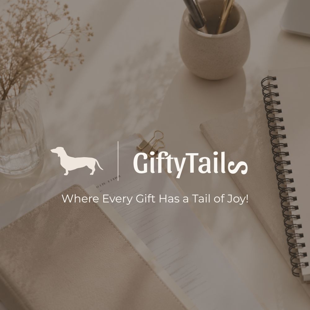GiftyTails brand lifestyle image featuring neutral stationery, soft beige tones, and minimalist desk accessories with the slogan “Where Every Gift Has a Tail of Joy!”