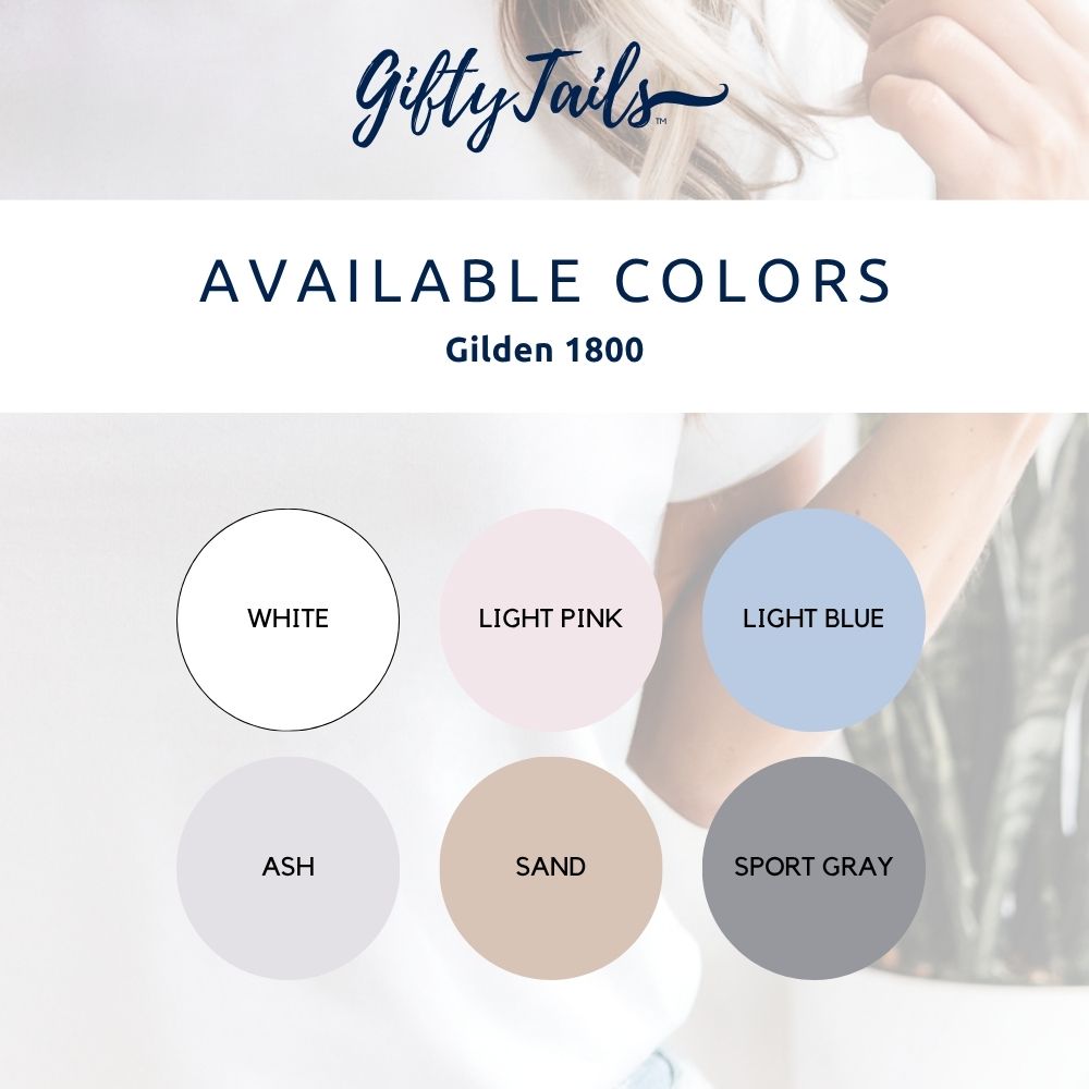 Gildan 18000 sweatshirt color chart featuring white, ash, sand, sport gray, light pink, and light blue