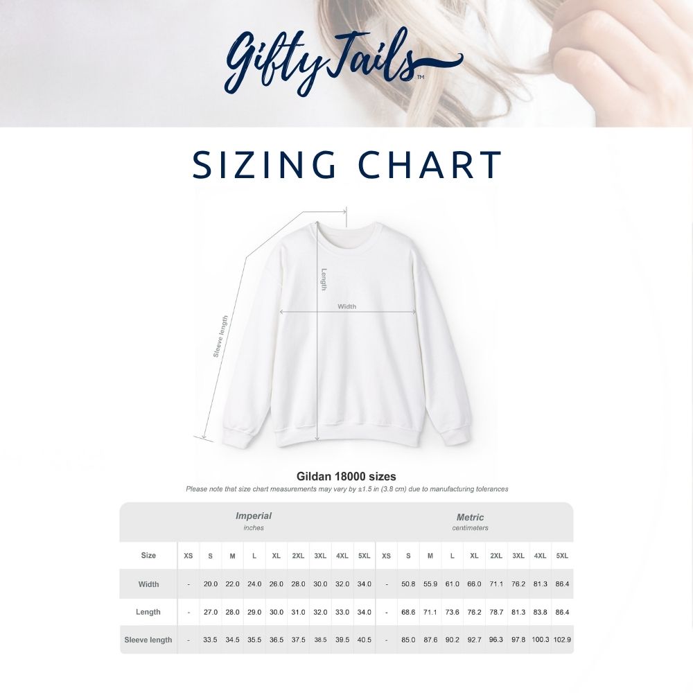 Gildan 18000 unisex sweatshirt sizing chart with length, width, and sleeve details
