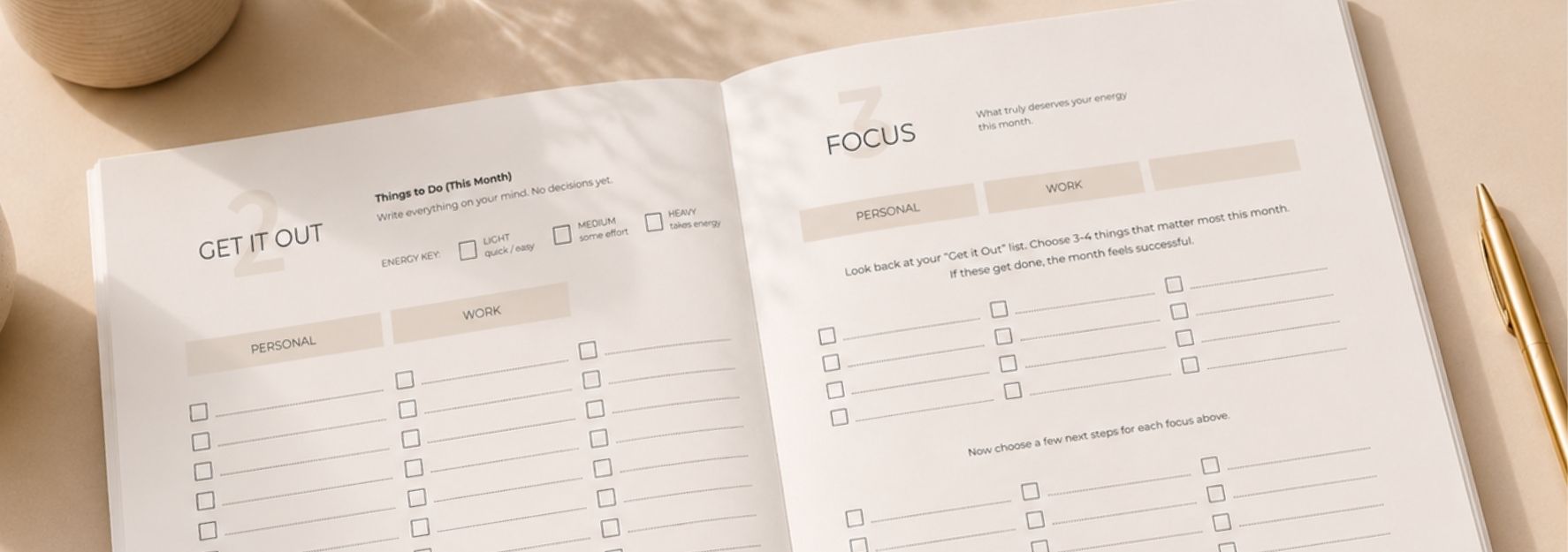Minimal A5 softcover The Starting Point Planner opened on a neutral desk workspace featuring “Get It Out” and “Focus” planning pages, styled with a coffee cup, laptop, and gold pen in soft natural lighting for overwhelmed minds and productivity planning.