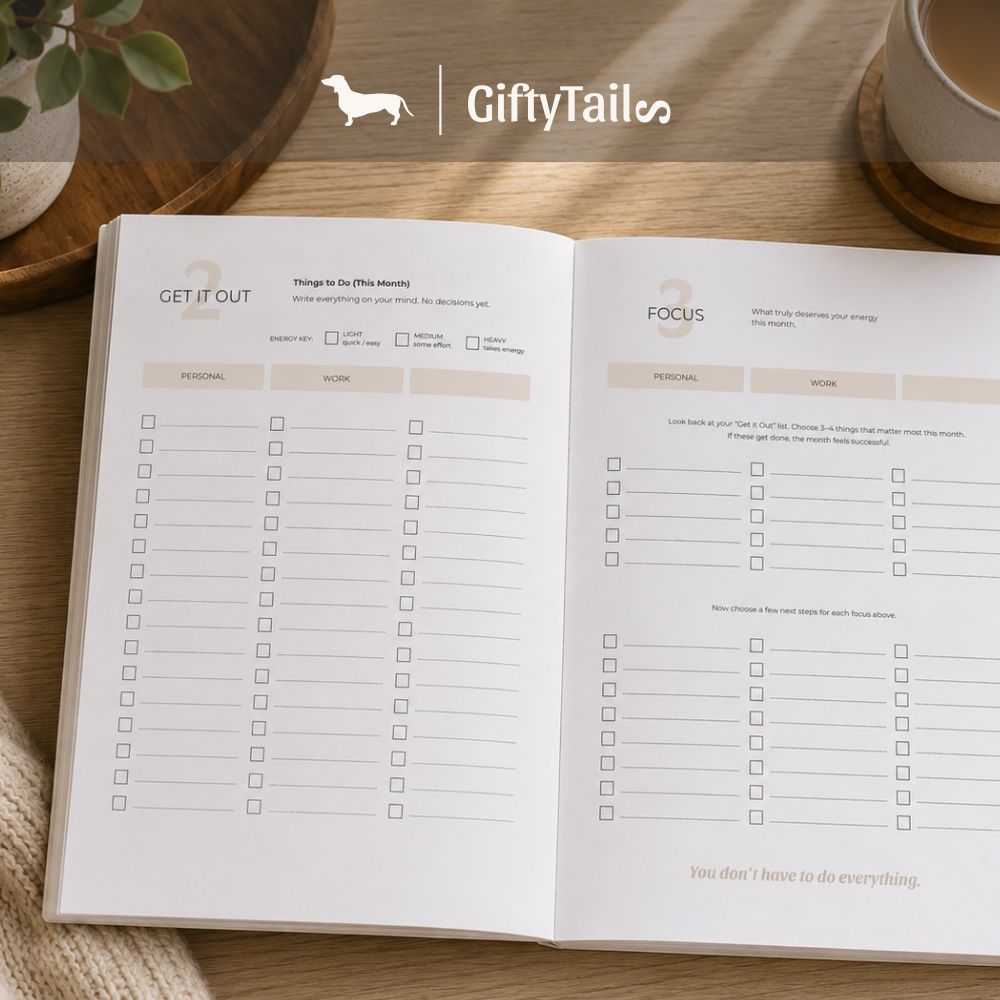 Open minimal planner on a warm wooden desk featuring “Get It Out” and “Focus” guided planning pages designed to help organize priorities and reduce overwhelm.