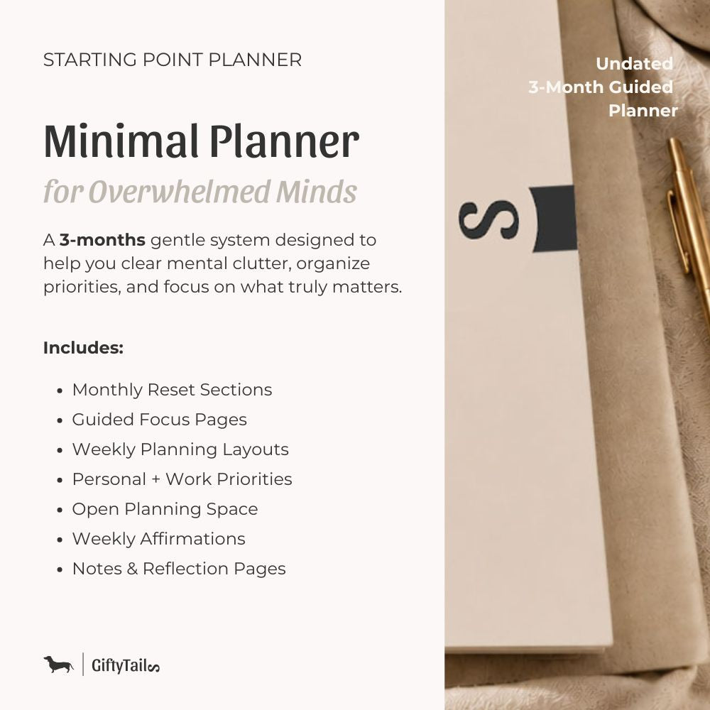 Minimal softcover planner for overwhelmed minds featuring guided monthly and weekly planning sections in a calm neutral aesthetic.