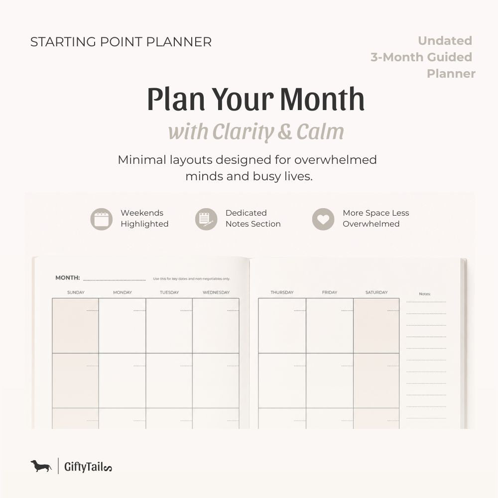 Minimal monthly planner layout featuring spacious calendar spreads, highlighted weekends, dedicated notes sections, and calming layouts designed for overwhelmed minds.