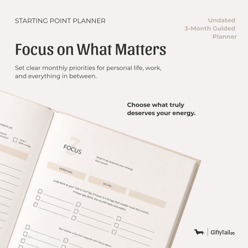 Minimal planner listing image featuring guided monthly focus pages designed to help organize priorities, reduce overwhelm, and focus on what truly matters.