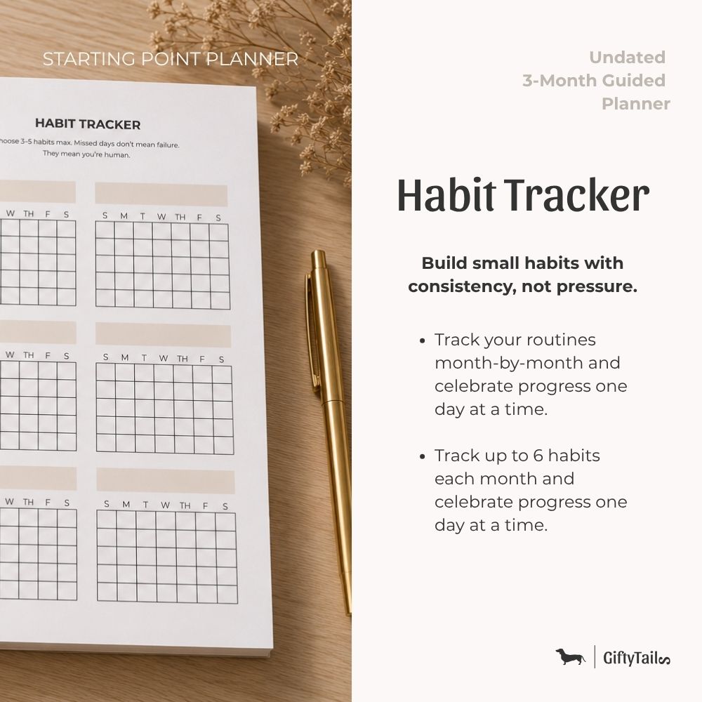 Habit tracker planner listing image showing monthly habit tracking pages with space to track up to six habits in a calm minimal layout.