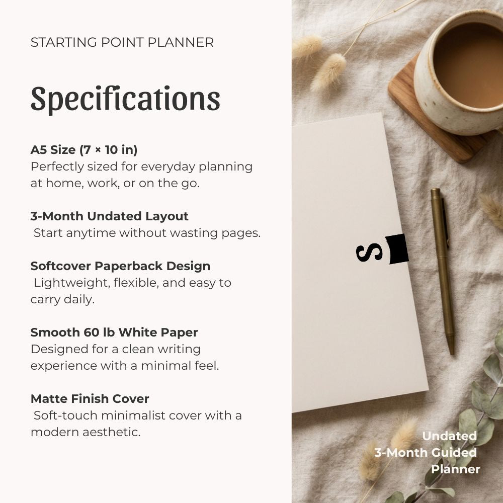 Minimal planner specifications listing image featuring softcover beige planner with lifestyle flat lay styling and product feature details.