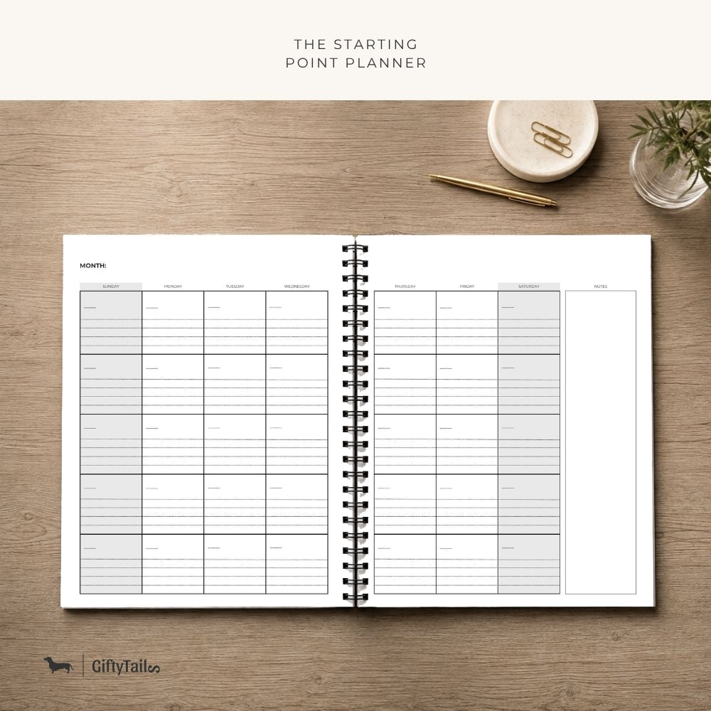 The Starting Point Planner open to its undated monthly calendar spread with space for daily plans and notes.